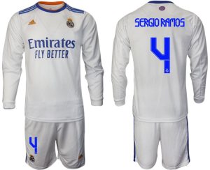 Real Madrid Heimtrikot 2022 weiß Langarm Trikotsatz mit Aufdruck Sergio Ramos 4