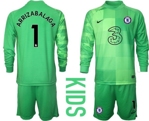 Chelsea FC Torwarttrikot 2021/22 Kinder Trikotsatz Langarm grün mit Aufdruck Arrizabalaga 1