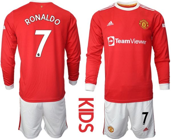 Kinder Manchester United Cup Authentic Heimtrikot 2022 Langarm mit Aufdruck Ronaldo 7