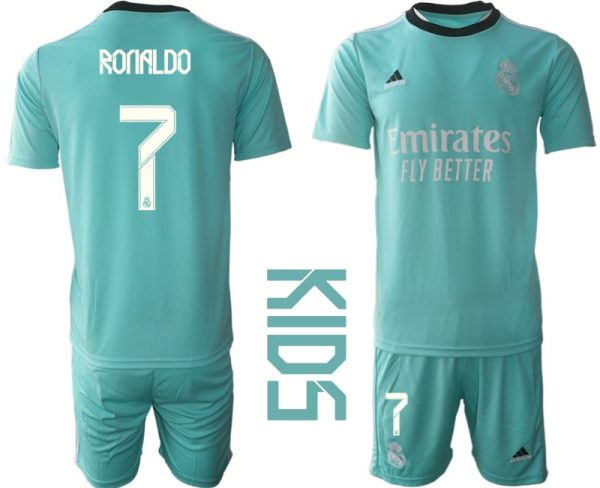 Kinder Real Madrid Ausweichtrikot 2021/22 Mini Kit türkis/weiss mit Aufdruck Ronaldo 7