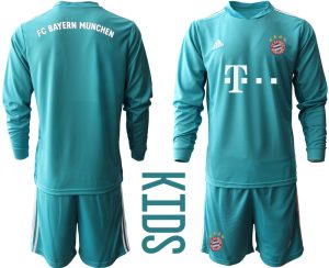 Bayern Munich Torwart Kindertrikot für draußen Blau Trikotsatz Langarm + Kurze Hosen