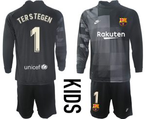 Kinder FC Barcelona Torwarttrikot Langarm schwarz Günstige Fußballtrikot TER STEGEN #1